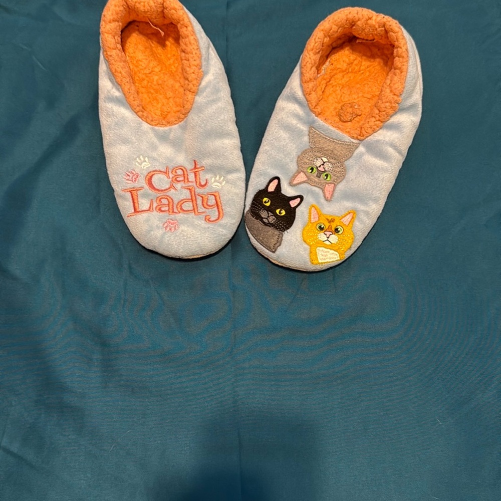 Cat Lady Slippers with Embroidered Cats - Orange and Blue